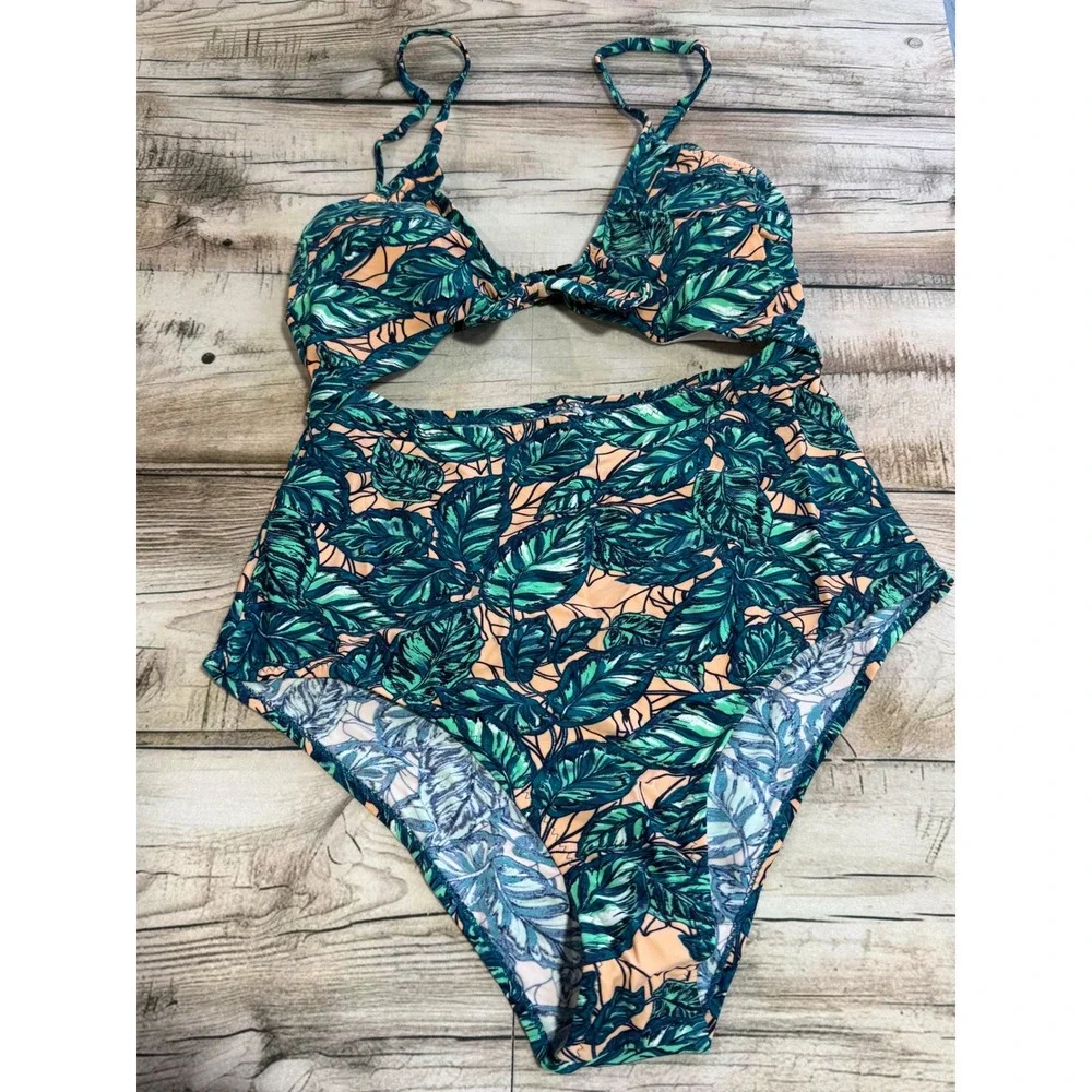 Cupshe Tropical Leaf Print Cutout One Piece Swimsuit Green Peach‎ Floral M